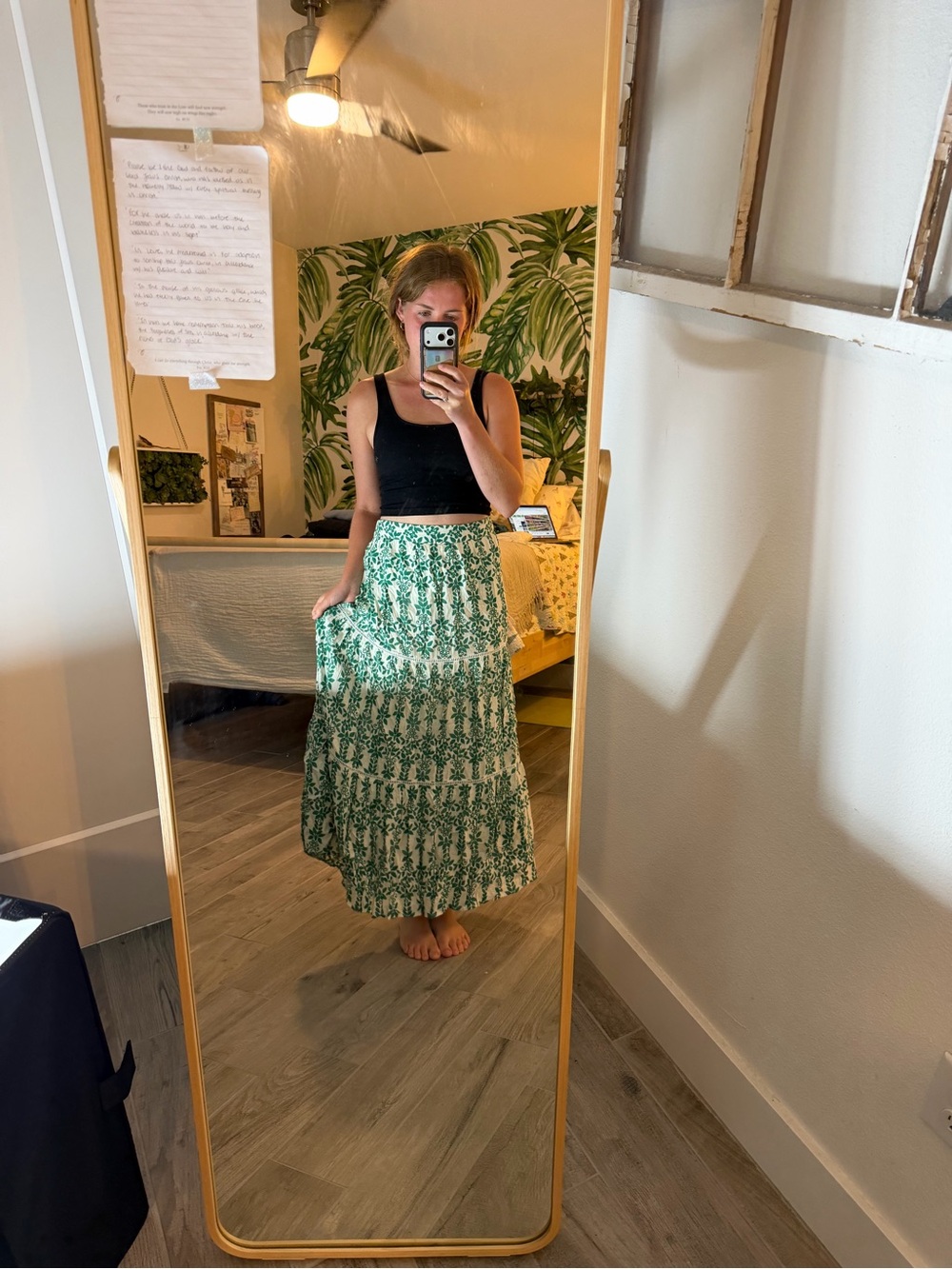 Skies Are Blue Green Printed Tiered Maxi Skirt